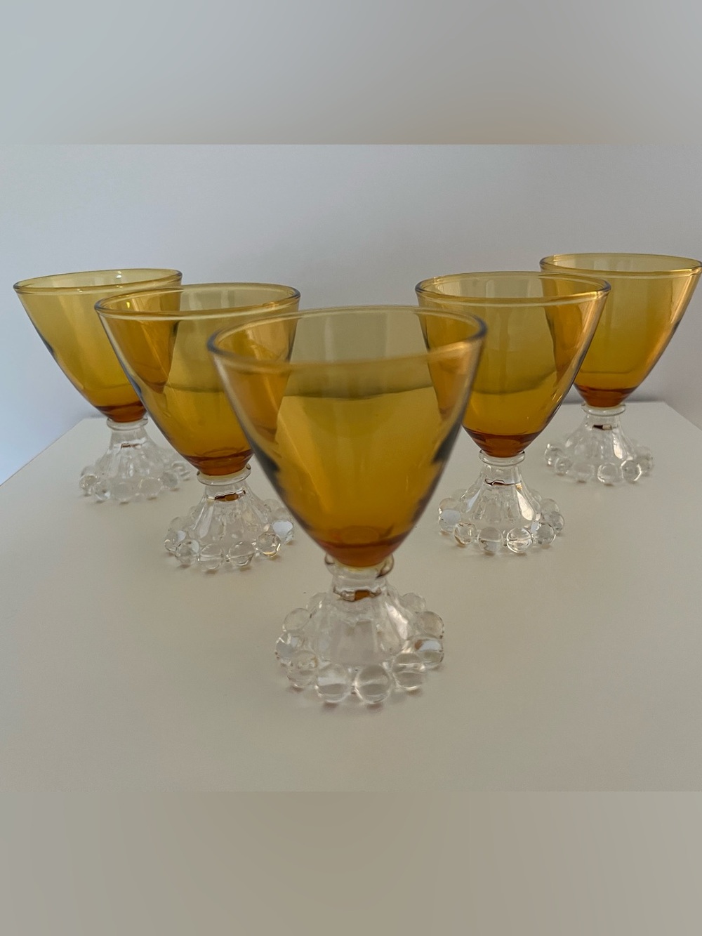 Vintage Amber Boopie Cordial/Shot/Juice Glasses With clear Hobnail Base-Set of 5